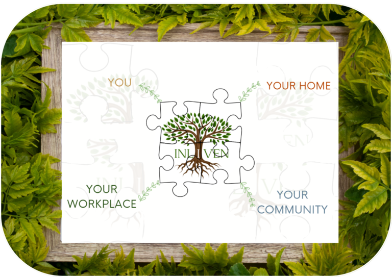 The invliven logo in the centre looking like a 4-piece square puzzle, each piece separating away into a corner showing different offerings on our website, inliven you, inliven your home, inliven your workplace and inliven your community.